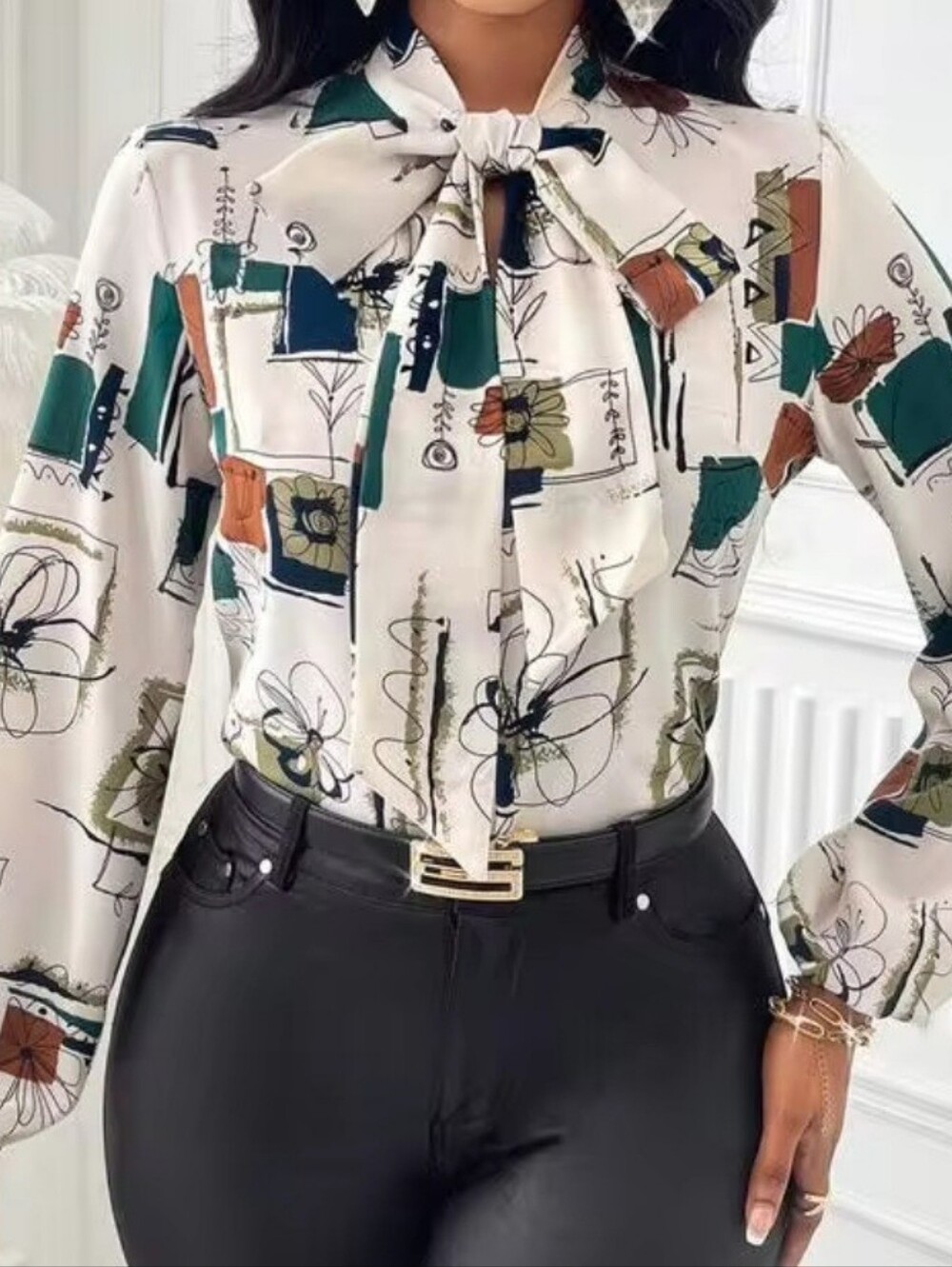 SHEIN Womens Ivory Abstract Geometric Artsy Sketch Print Tie Neck Longsleeve Top - Picture 16 of 16